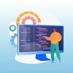 Developer bekijkt code op een monitor tijdens softwareontwikkeling