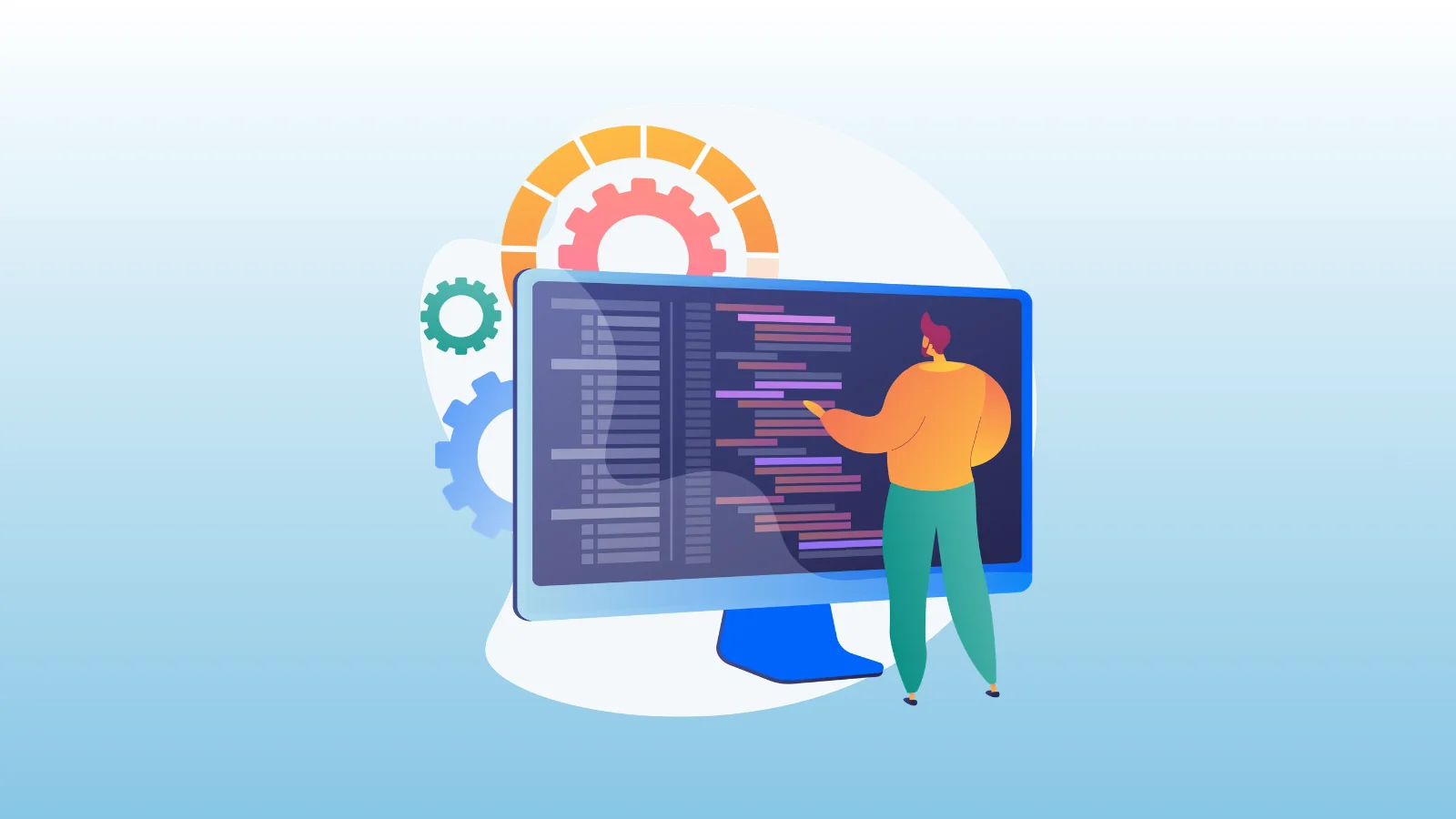 Developer bekijkt code op een monitor tijdens softwareontwikkeling